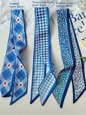 NWT Blue French Twilly Scarf Set of 3 Plaid Heart Floral Houndstooth Twillies